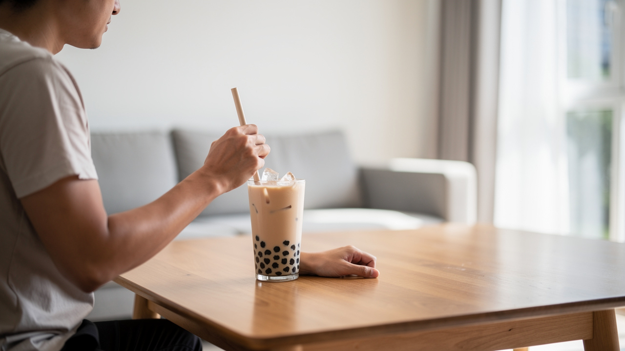Човек разбърква своя домашен bubble tea в стъклена чаша.